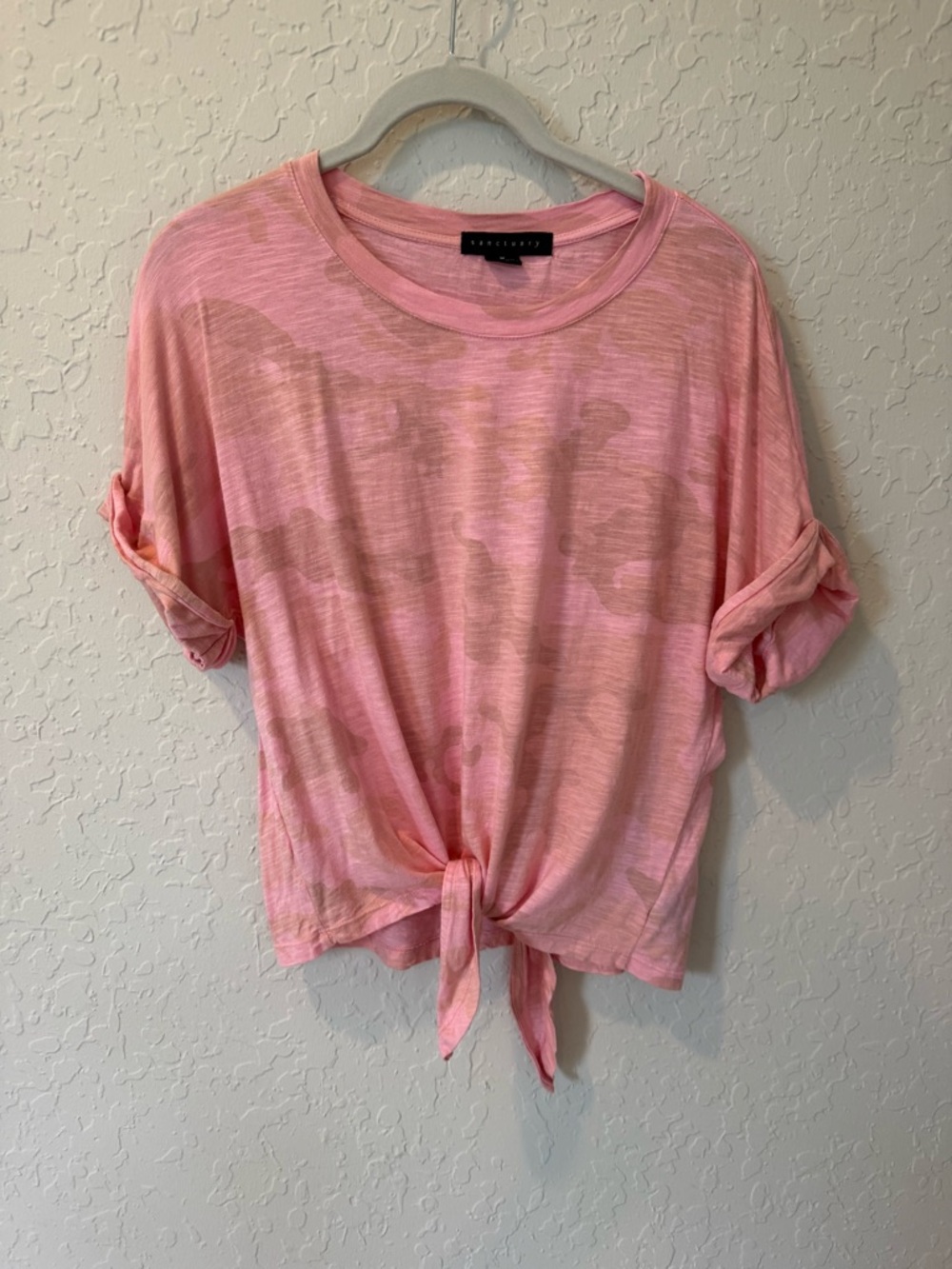 Sanctuary Pink Tie-Front Short Sleeve Tee with Subtle Camo